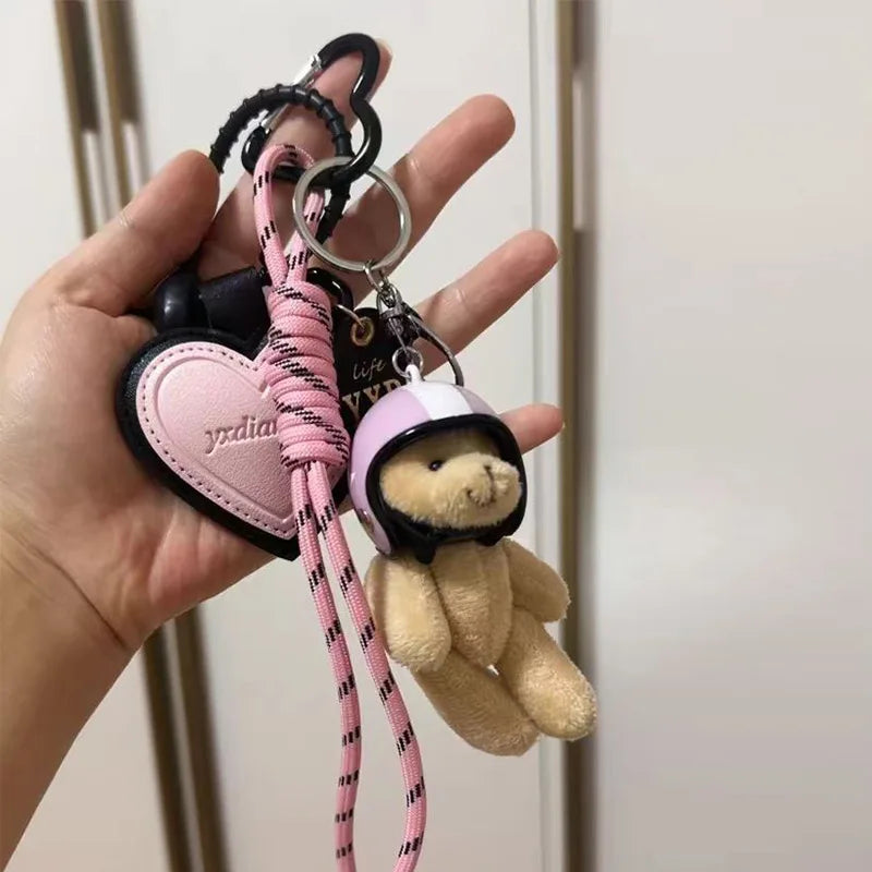 Porte-clés Kawaii avec Ours en Peluche Casqué et Nœud Rose