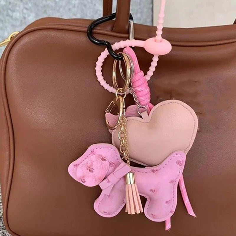 Porte-clés Kawaii avec Chien en Cuir Rose et Cœur Assorti 🎀