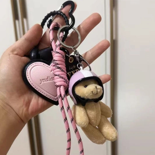 Porte-clés Kawaii avec Ours en Peluche Casqué et Nœud Rose