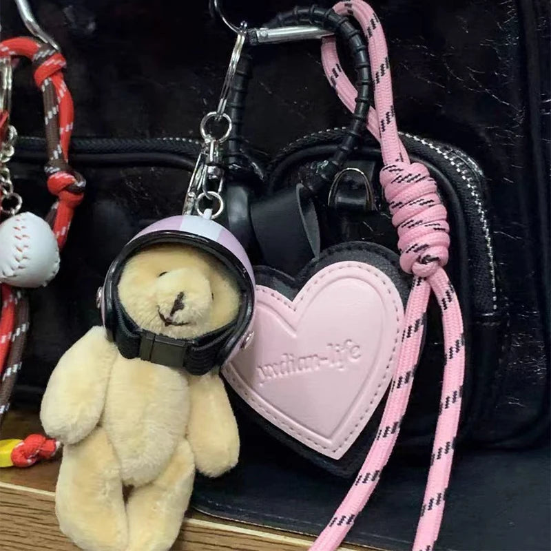 Porte-clés Kawaii avec Ours en Peluche Casqué et Nœud Rose